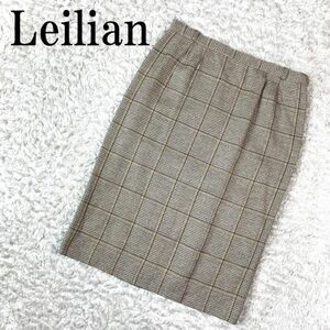 Leilian レリアン リネンスカート チェック ブラウン レーヨン リネン キュプラ 11 B2503