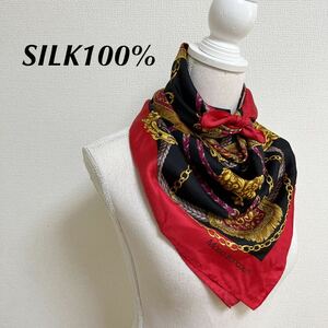 SILK100% スカーフ　大判スカーフ レッド/ゴールド　　all SILK 絹　大判ストール　上質