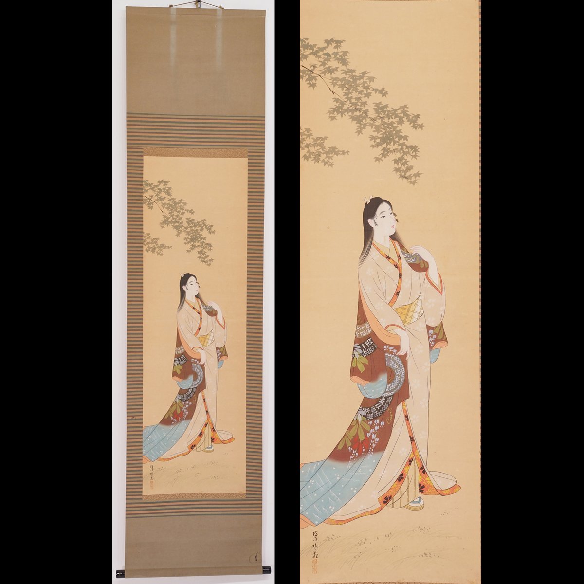 日本未発売】 美人画 浮世絵 作家銘有 掛け軸 合わせ箱 書画、骨董品