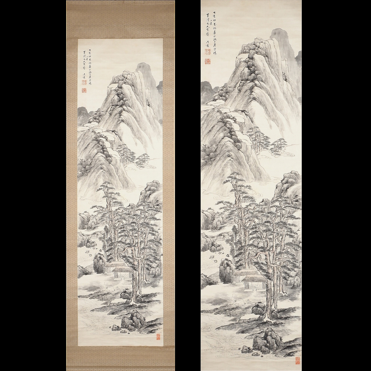 [Auténtico] [Watarikan] [Taketomi Seisho] 10829 Pergamino colgante Pintura japonesa Paisaje con grullas y bosques de pinos Caja doble con firma, pantalla de seda, pintura de paisaje, Kumamoto, Higo, artista nanga, inscrito, Cuadro, pintura japonesa, Paisaje, viento y luna