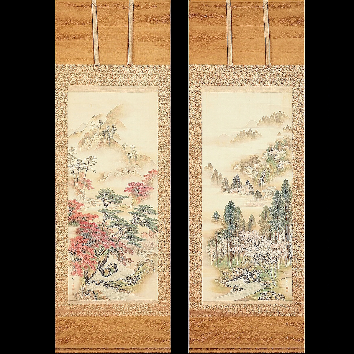 [Authentic] [Watarikan] [Sugitani Sekko] 11743 Top quality Exhibited work Pair of hanging scrolls Japanese painting Yoshino Tatsuta Ochiai Tokaku box Silk Flower and bird painting Kumamoto Higo Unkoku school Signed, Painting, Japanese painting, Landscape, Wind and moon