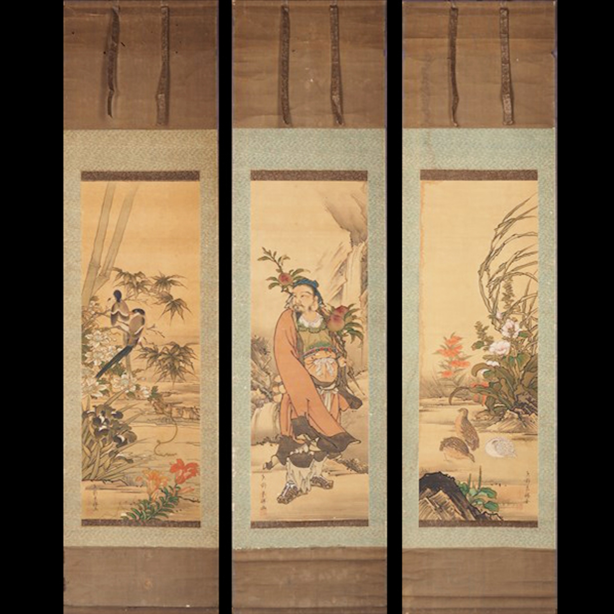 [Authentisches Werk] [Toka-an] [Yoshikatsu Yano] 11881 Hängerolle, Japanische Malerei, Dreiteiliges Paar, Figurenmalerei, Blumen- und Vogelzeichnung, Kasten, Seidenbuch, fünf Generationen der Familie Yano, Kumamoto, Higo, unterzeichnet, Malerei, Japanische Malerei, Blumen und Vögel, Vögel und Tiere