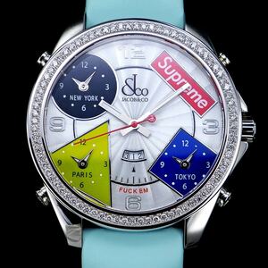 Jacob&Co Jacob Supreme Supreme 4 часовой пояс белый циферблат 47mm бриллиант нержавеющая сталь голубой ремень наручные часы мужской 