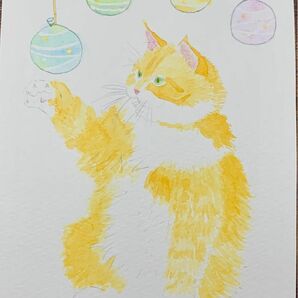 オリジナル手描きイラスト　『猫とヨーヨー』　原画　水彩