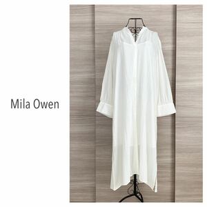 インナー付きシャツワンピ◇Mila Owen ミラオーウェン　ワイドスリーブギャザーロングシャツワンピース　レイヤード　ホワイト　F