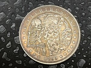モルガン 硬貨 コイン 1ドル銀貨 レプリカ エングレービング 1893年 スカル 彫刻 彫金 バイカー インディアン ウエスタン マーカー お守り