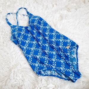  anonymity delivery * retro back Cross floral print One-piece swimsuit blue blue 11-13 number made in Japan ka