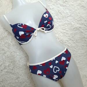  anonymity delivery * Western-style clothes cloth Heart pattern wire bikini swimsuit navy blue navy 9M W