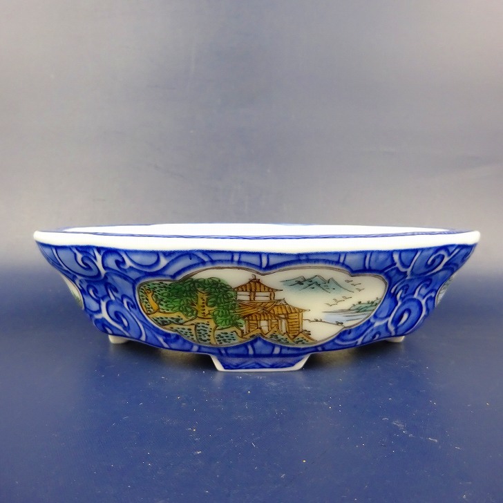 新品の通販 盆栽鉢 は二わ オリジナル鉢 小型 長辺 約15.5cm 木瓜鉢 色絵 窓抜 山水図 風景画 現品 新品