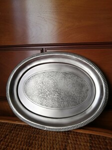  Vintage tray O-Bon plate made of metal ellipse type India Tang . pattern floral print Asian miscellaneous goods silver . tray monkey vakaru ton case tableware 