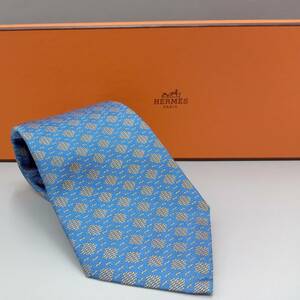 [ с коробкой ]HERMES Hermes галстук голубой мелкие вещи ..9.5cm шелк магазин квитанция возможно 