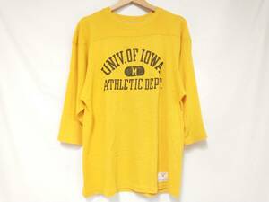 Champion 70s USA製 フットボールTシャツ サイズM アイオワ大学 イエロー Hawkeyes バータグ 七分袖 アメカジ 古着 ヴィンテージ Tシャツ