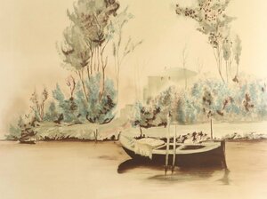 フリューリー「小舟」164/250 カラーリトグラフ 大型額装品 / 大判リト 風景画
