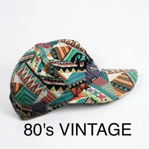 アメリカ輸入 80's VINTAGE Belize 6パネル キャップ ビンテージ メキシカン柄 リゾート CAP 帽子 フリーサイズ 古着 総柄 派手