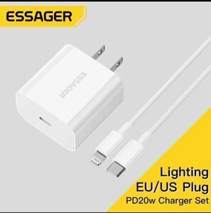 Essager outlet type fast charger iPhone 14,13,12x xs, 8 etc. sudden speed charge USB type C- lightning cable attaching AC adaptor home use outlet 