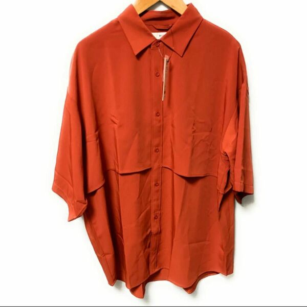 【新品】タグ付き　デザインビッグシルエット　bigシルエット オーバーサイズシャツ　テラコッタ　5分袖シャツ　オーバーサイズ
