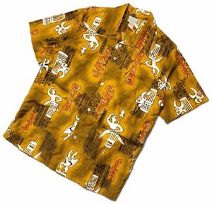 60s ヴィンテージ ● HUKILAU FASHIONS フキラウファッション ● レトロ ハワイアン柄 半袖 オープンカラー アロハシャツ イエロー系 M