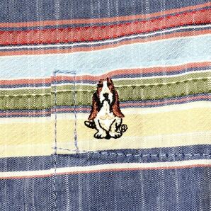 ● Hush Puppies ハッシュパピー ● ロゴ 犬 刺繍 ランダム ボーダー柄 半袖 ボタンシャツ ブルー系 Mの画像4