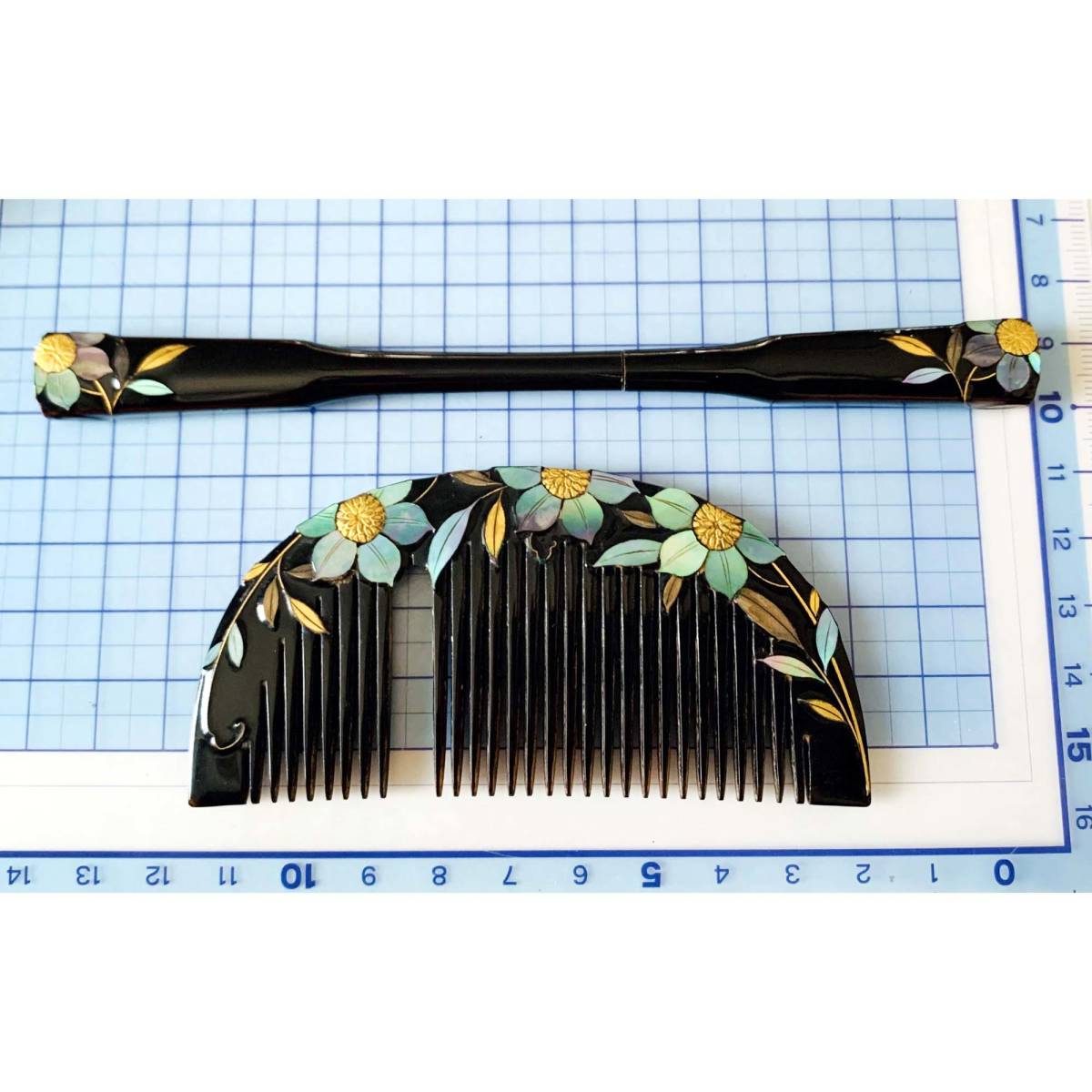 Vintage mother-of-pearl work, gold lacquer, hand-painted natural tortoiseshell comb, lacquer hairpin, value 2-piece set, retro, chipped No.5401, fashion, women's kimono, kimono, Hairpin