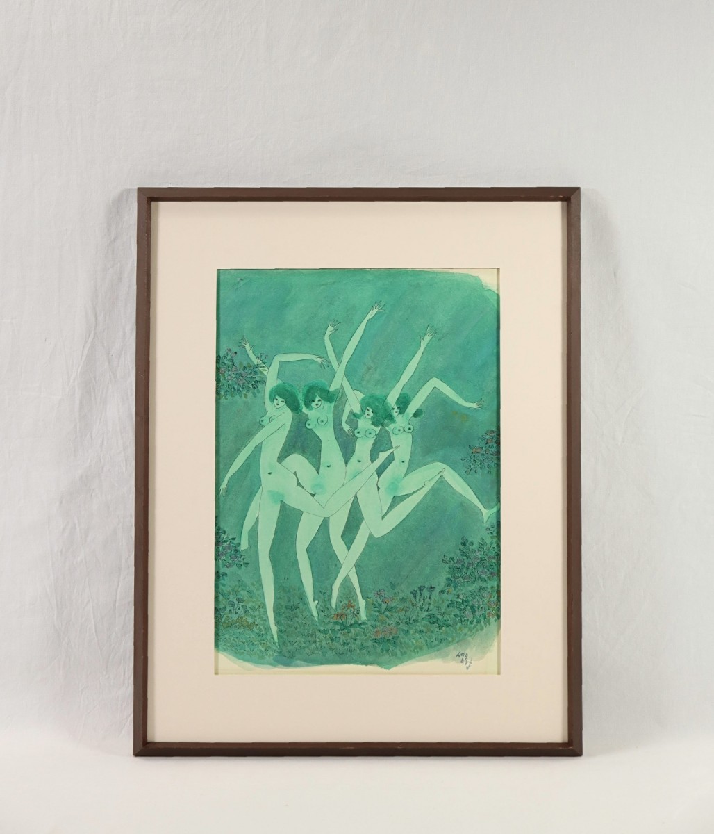 Obra auténtica Takeo Iwata 1973 Acuarela Danza de las ninfas 34 x 44 cm Artista manga de la prefectura de Hyogo Líneas flexibles Atmósfera femenina Hadas bailando en el jardín de flores 7777, cuadro, acuarela, retrato