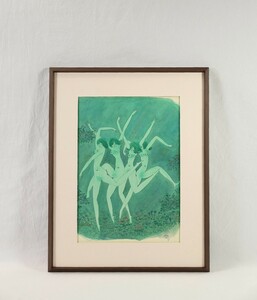 真作 イワタタケオ 1973年水彩「ニンフの踊り」画 34×44cm 兵庫県出身 漫画家 しなやかな描線フェミニンな雰囲気 花園で踊る妖精たち 7777