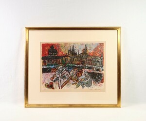 真作 テオ・トビアス リトグラフ「la conciergerie」画寸 49cm×37cm イスラエル人作家 クレヨンを濃く塗りつけた様な独特の色彩 7677