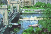 真作 小田切訓 リトグラフ「ドナウの橋」画 56×46cm 北海道出身 無所属 洗練されたシャープな描線と透明感ある色彩 セーチェーニ鎖橋 7726_画像5
