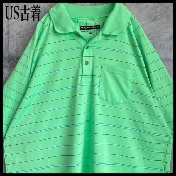 US古着 袖刺繍 ポロシャツ XL ライトグリーン ボーダー 92 ゴルフウェア スポーツウェア 半袖 古着