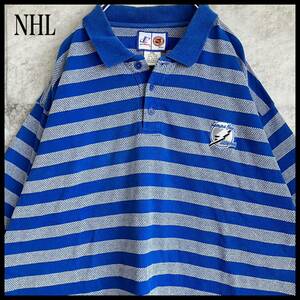 NHL ロゴ刺繍 袖刺繍 ボーダー ブルー 2XL ビッグサイズ 95 ゴルフウェア golf 半袖 トップス 古着