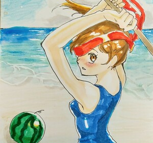 Art hand Auction 손으로 그린 일러스트 #24 수영복 여자 학교 수영복 바다 수박 등이 튀는, 만화, 애니메이션 상품, 손으로 그린 그림