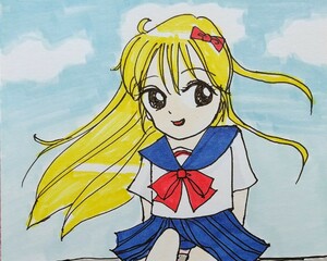 Art hand Auction Illustration dessinée à la main #38 Sailor marin costume fille cheveux longs minijupe barre horizontale, des bandes dessinées, produits d'anime, illustration dessinée à la main