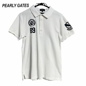 PEARLY GATES パーリーゲイツ ゴルフウェア 半袖ポロシャツメンズ サイズ4 M相当 鹿の子 ホワイト 白　ネイビー 紺 ロゴワッペン 日本製