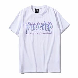 ts-THRASHER01-W/p-L THRASHER スラッシャー マガジン フレイム ロゴ 半袖 プリント FLAME Ｔシャツ T-SHIRT WHITE L