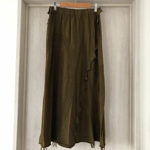 (k) Jurgen Lehl cotton linen waist rubber design skirt long khaki lady's size M