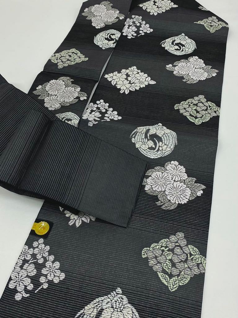西陣織 絽 夏帯 九寸名古屋帯 花文様 菱文様 透け感 銀糸 正絹 黒色