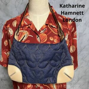 【ws550】美品 キャサリンハムネット ハンドバッグ デニムxレザー 白鳥 Katharine Hamnett London