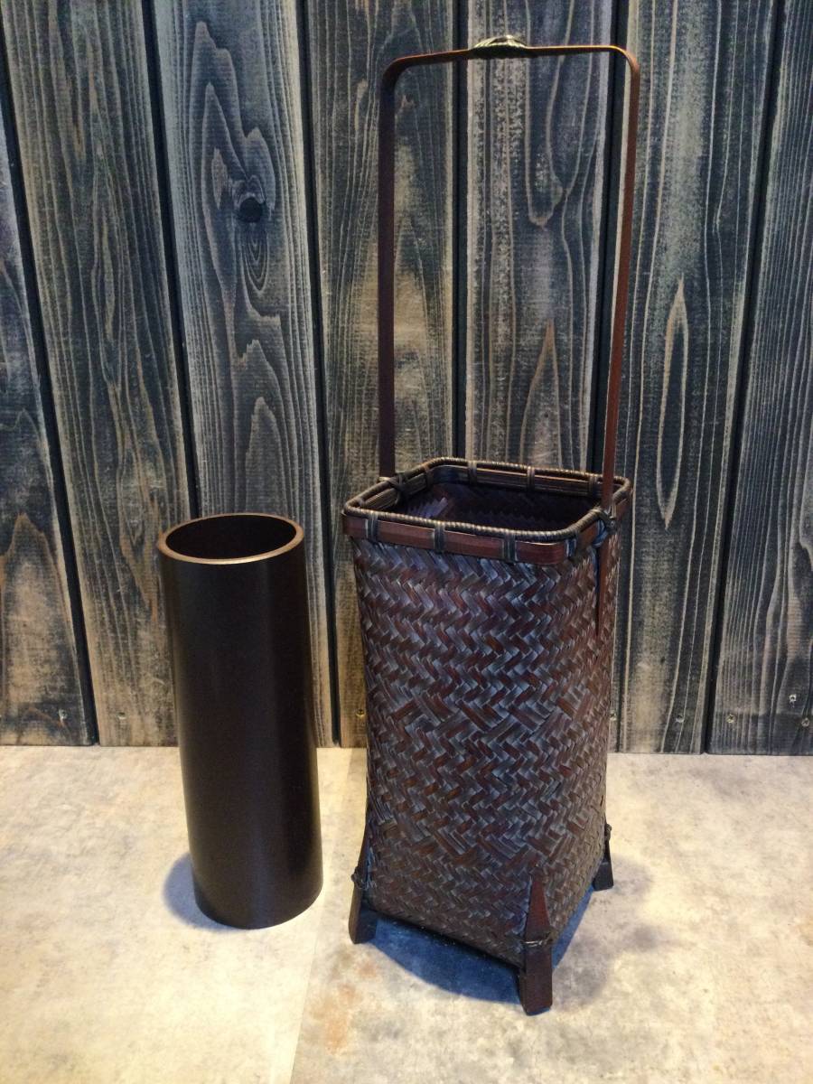 店畳1 掘り出し物 虎竹 虎斑竹(とらふたけ)花器 竹製 銅落とし 二重
