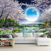 (即決) カスタム壁画壁紙月餅桜の木自然風景壁画リビングルームのベッドルームの写真の壁紙家の装飾q451_画像2