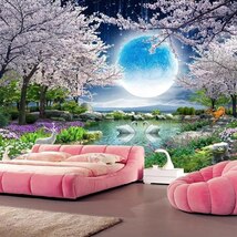(即決) カスタム壁画壁紙月餅桜の木自然風景壁画リビングルームのベッドルームの写真の壁紙家の装飾q451_画像3