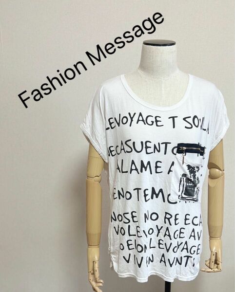 Fashion Message 英字ファスナーデザインTシャツ　白