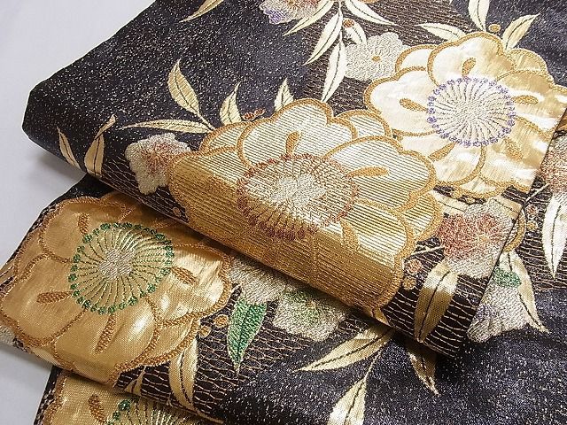 09k着物屋こころ□六通柄袋帯舞花文黒地金糸正絹逸品B-cy4458 | JChere