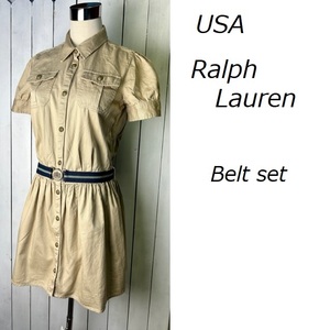 USA古着 Ralph Lauren ベルト付き チノフレアワンピース 16 S ベージュ ガールズ ラルフローレン アメリカ古着 春夏　膝～膝上丈 160★203