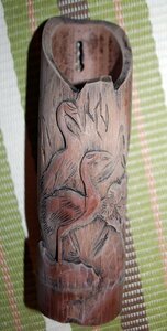 p33：竹彫り 彫り 2羽の鳥 バード 手彫り風 壁掛け 花瓶 骨董 オリジナル？