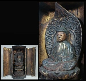 仏像 菩薩 厨子付き 木彫 金彩 阿弥陀如来 座像 細密彫刻 骨董 仏教美術 江戸時代