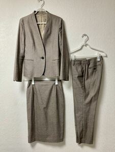 ☆スーツカンパニー　THE　SUIT　COMPANY　she ノーカラースーツ　ブラウン　ジャケット+パンツ+スカート　サイズ38