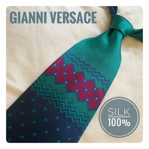 【Gianni Versace】幾何学模様 グリーン ネクタイ ドット柄