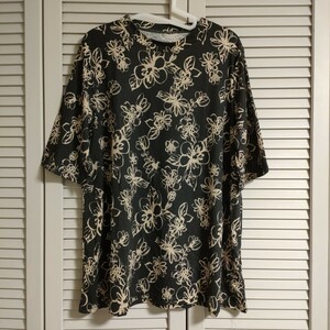 フラワー柄 七分袖 Tシャツ チュニック 墨黒 レディース 大きいサイズ 3Lサイズ チャコール
