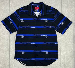 18aw Supreme シュプリーム 「Striped Racing Work Shirt/ストライプ レーシング ワーク シャツ」 半袖 総柄 開襟 M 黒×青 定価￥18,360-