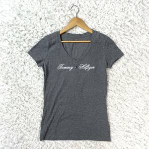 トミーヒルフィガー 半袖Tシャツ グレー ビジュー ラインストーン 刺繍 レディースM相当 YA3813