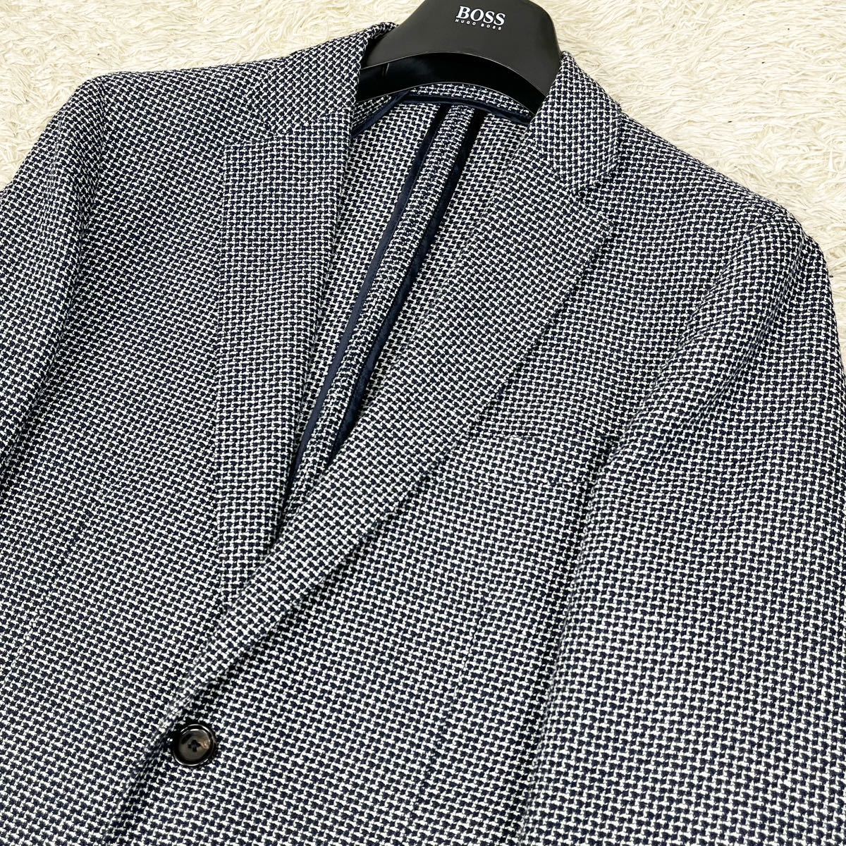 美品 ヒューゴボス リネン 麻 ネイビー SLIM FIT ITALIAN FABRIC 春夏